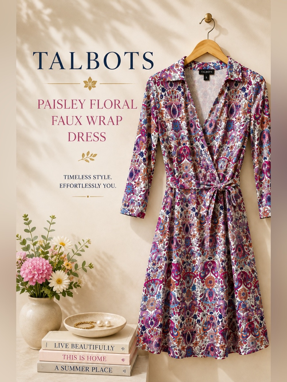 Talbots Paisley Floral Faux Wrap Belted Dress Small